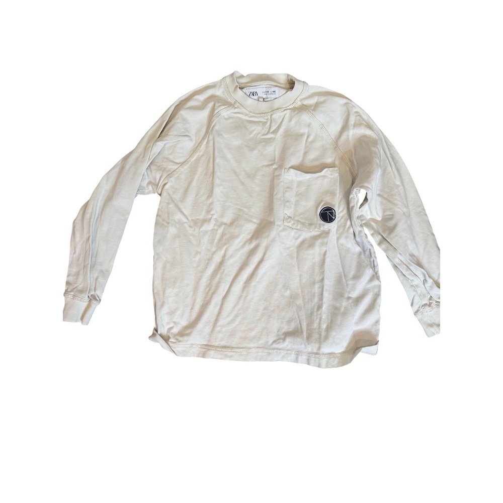 Zara‎ Shirt Kids 9-10 White Long Sleeve Pocket Logo Patch Crewneck Basic Tee